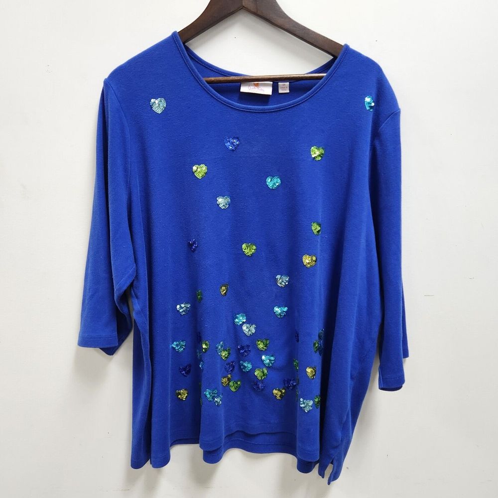 Quacker Factory Womens Plus 3/4 Sleeve Tunic Top Sequins Size 3X Blue Hearts